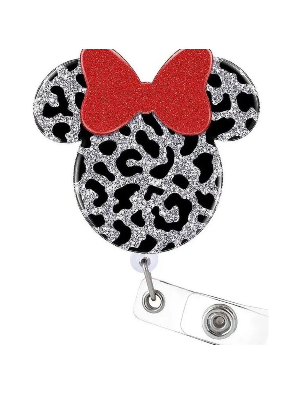 Minnie Mouse Silver Glitter Badge Reel with Red Bow